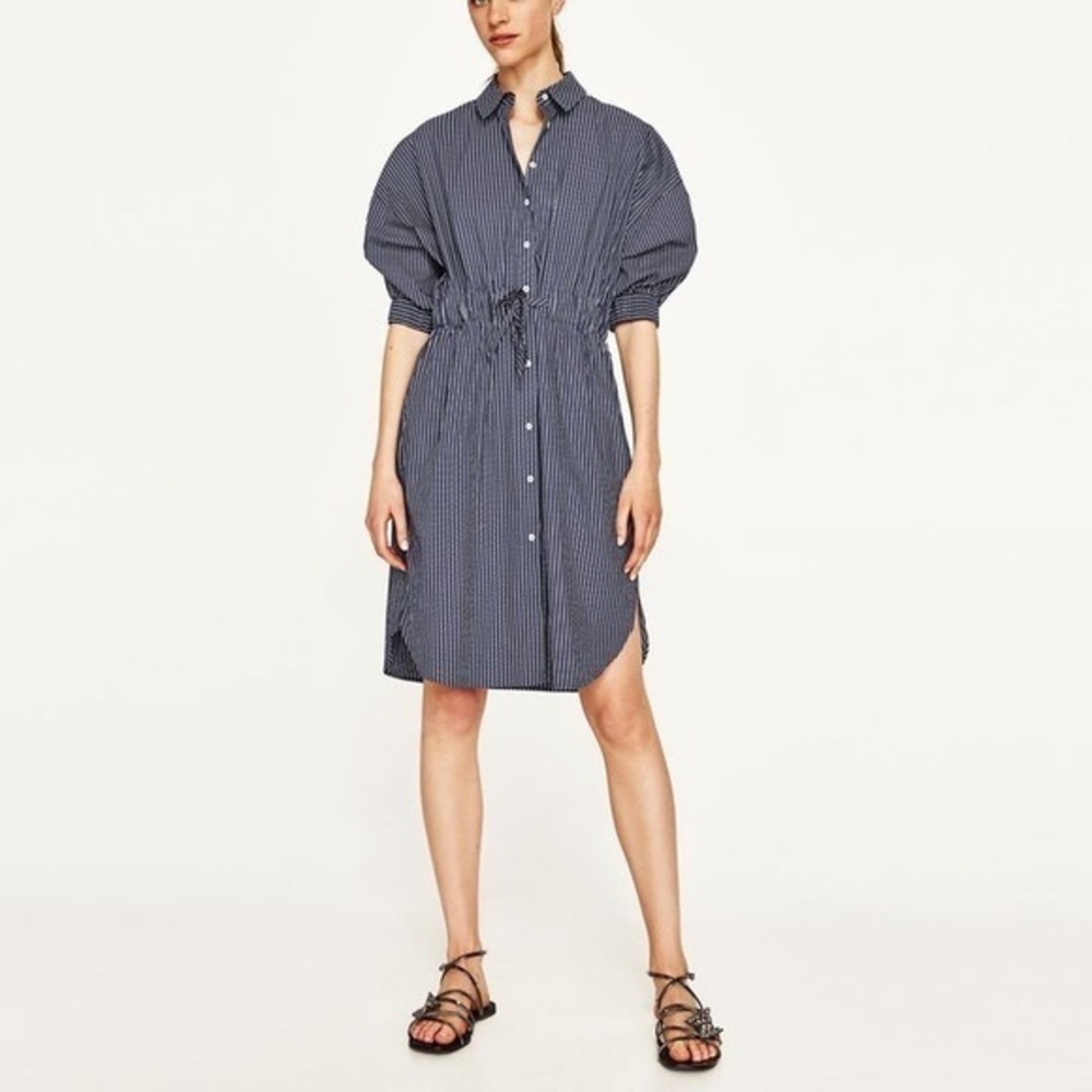Zara Blue & White Striped Button Down Shirt Dress